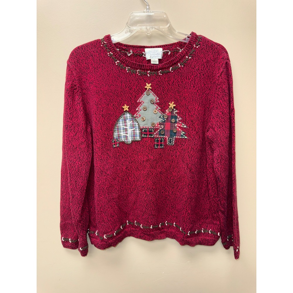 Christopher & Banks Red Marled Hand Embroidered Christmas Tree Sweater Womens L